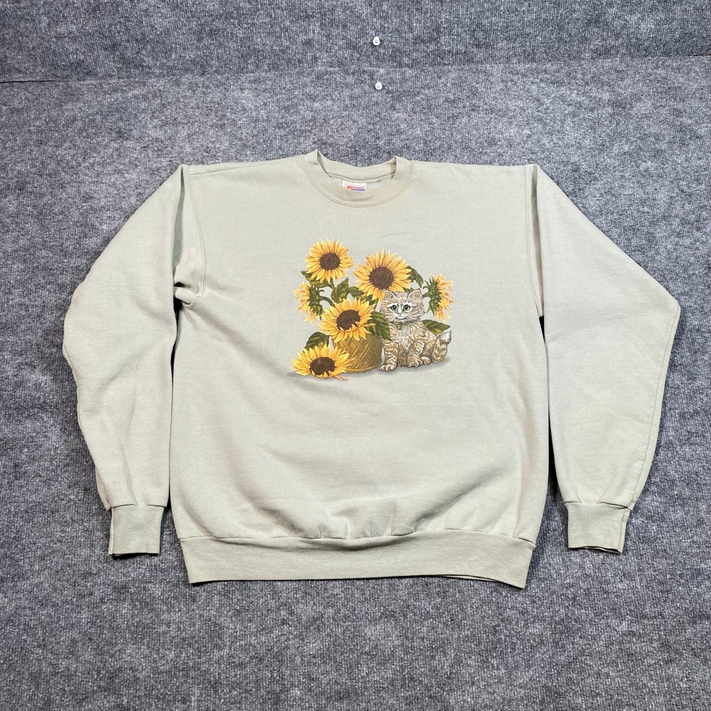 Vintage Sunflower Cat Graphic Sweatshirt Sage Green Adult M Cotton Blend